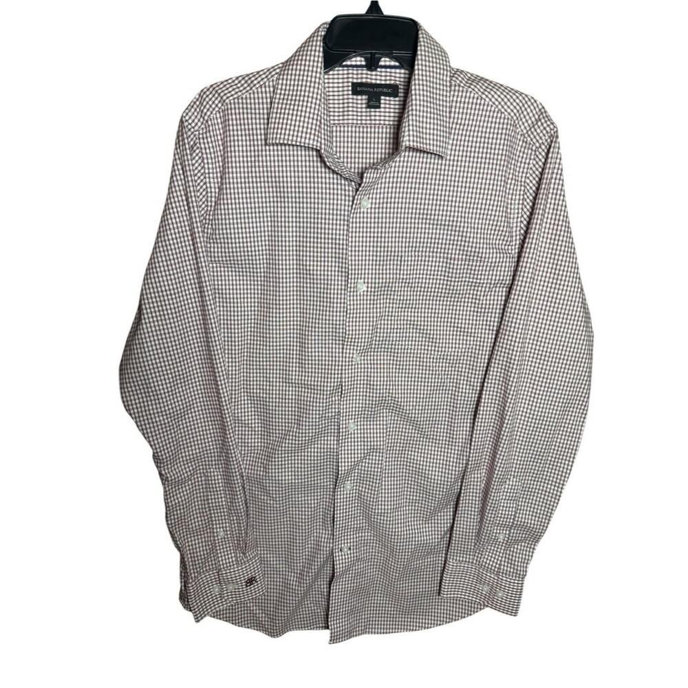Banana Republic Maroon/White Gingham Check Cotton Button Down Dress Shirt- Large